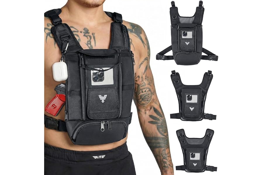 Elite Sports Running Vest w/Phone Holder, Gun Holster for Men/Women, Reflective Lightweight Chest Pack w/Touch Friendly Phone